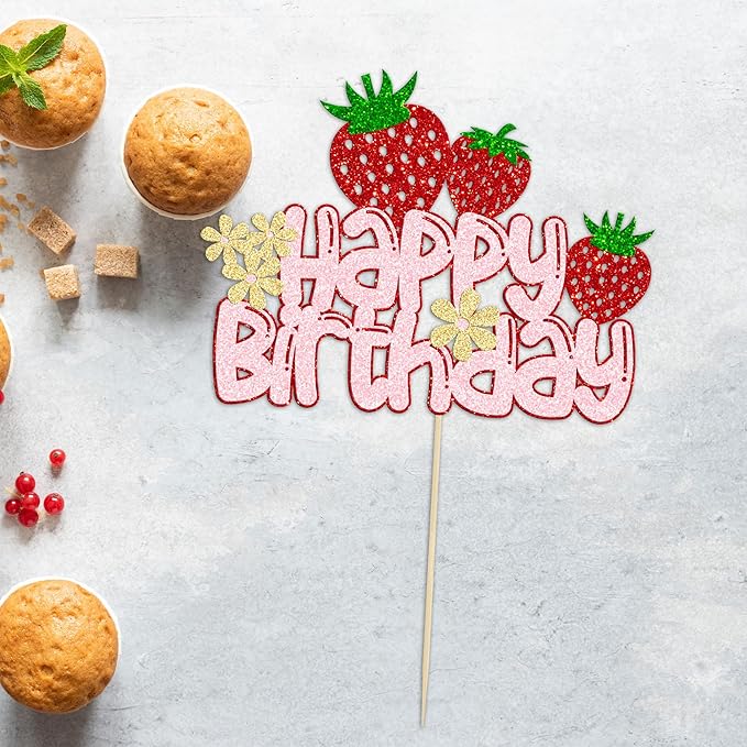 1 Pack Happy Birthday Cake Topper Glitter Strawberry Cake Pick for Fruit Theme Baby Shower Kids Birthday Party Strawberry Fruit Party Cake Decorations Supplies
