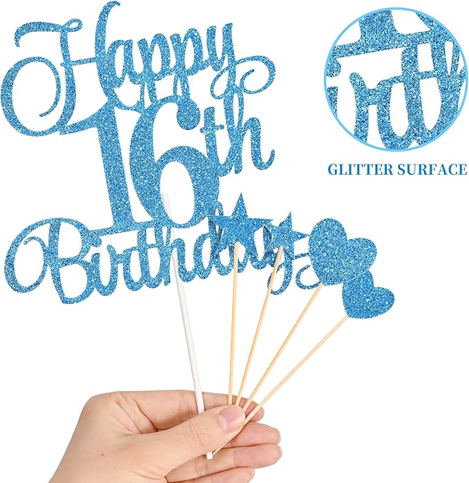 16th Birthday Cake Decorations, 16th Birthday Candles Cake Numeral Candles and Glitter Happy 16th Birthday Cake Toppers Set for Birthday Party Supplies (Blue)