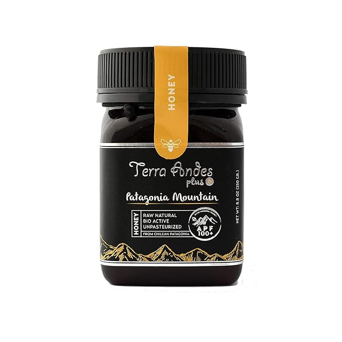 Patagonia Mountain Honey APF 100+ by TERRA ANDES PLUS | Raw natural organic honey. Highest bioactive grade. Made in Chilean Patagonia. 100% pure. NON Gmo. Awarded worldwide. Unfiltered Honey, 8.8 oz