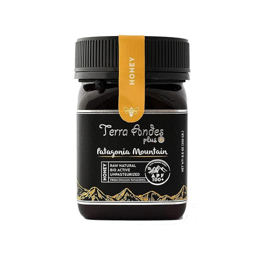 Patagonia Mountain Honey APF 100+ by TERRA ANDES PLUS | Raw natural organic honey. Highest bioactive grade. Made in Chilean Patagonia. 100% pure. NON Gmo. Awarded worldwide. Unfiltered Honey, 8.8 oz