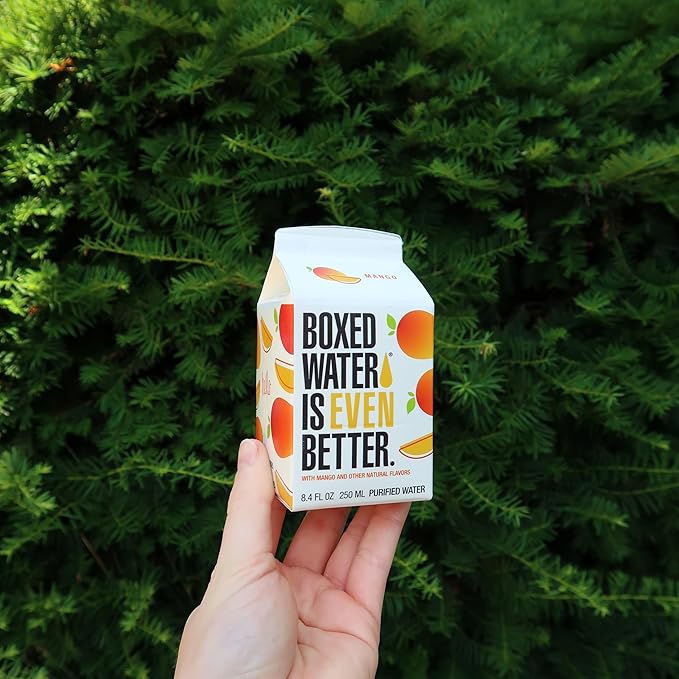 Mango Boxed Water 8.5 oz. (24 Pack) ??Better Than Premium Plastic, BPA-Free, Refillable Cartons, Sustainable Alternative, Mini Carton for Kids, Lunchbox Ready