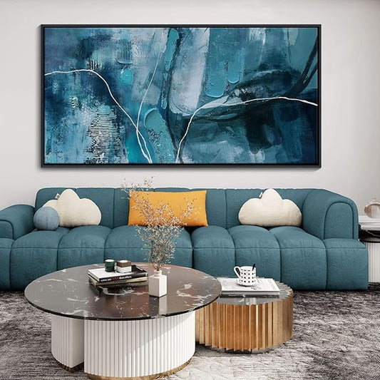 Abstract Canvas Wall Art -Blue-Green and Fan Art Large Wall Art for Living Room Bedroom Decor Framed Pictures Artwork for Walls Size 29x58Inches