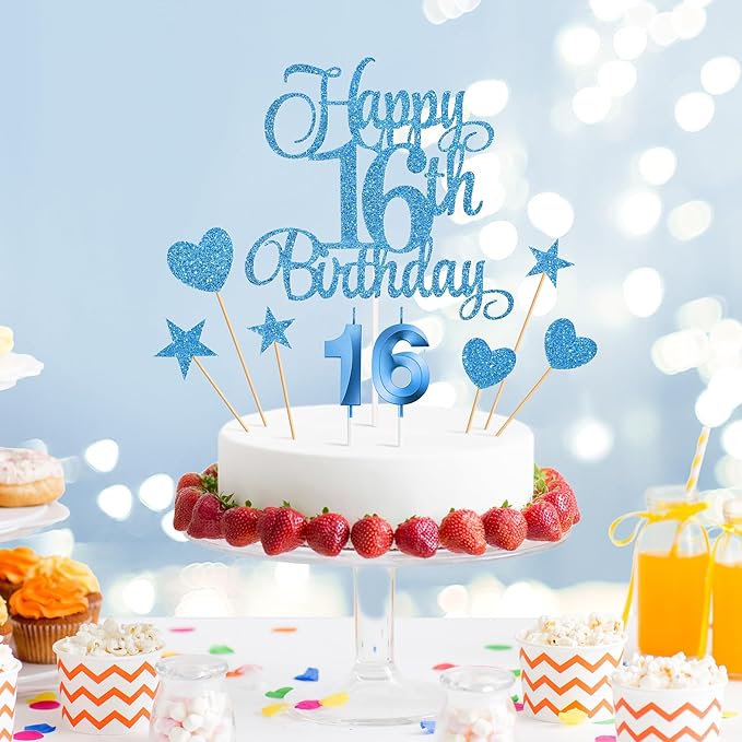 16th Birthday Cake Decorations, 16th Birthday Candles Cake Numeral Candles and Glitter Happy 16th Birthday Cake Toppers Set for Birthday Party Supplies (Blue)