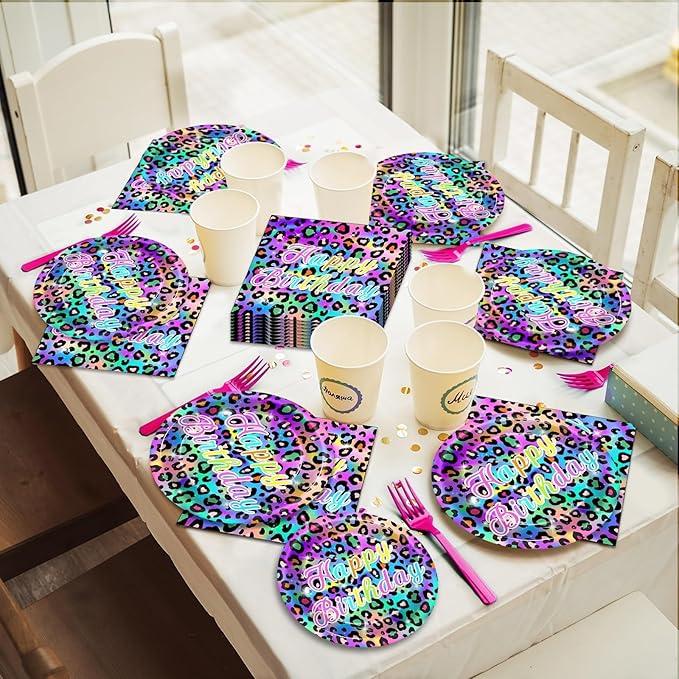 96Pcs Neon Rainbow Leopard Birthday Party Plates and Napkins Cheetah Print Birthday Themed Party Decorations Cheetah Leopard Girl's Sparkly Splatter Tableware Set for 24 Guests Baby Shower Supplies