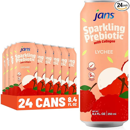 Jans Sparkling Prebiotic Soda Beverage, Lychee with Collagen ??Low Calorie, No Added Sugar, Non-GMO
