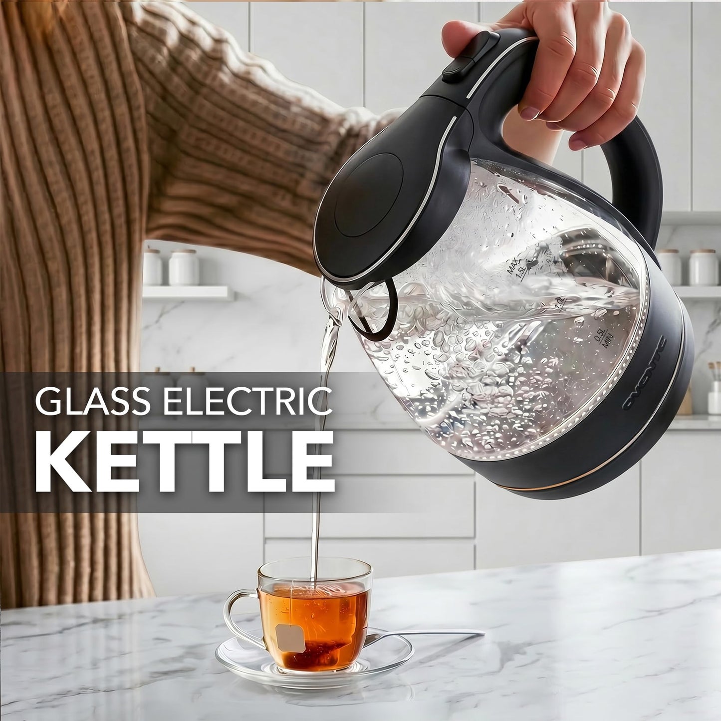 OVENTE 1.5L Glass Electric Kettle Water Boiler, Black KG83B