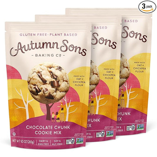 Autumn Sons Baking Co. Gluten Free Chocolate Chunk Cookie Mix. Vegan Plant Based Baking Mix. Free From 11 Common Allergens. Dairy Free, Nut Free, Soy Free, Non GMO 9.3 oz (Pack of 3)