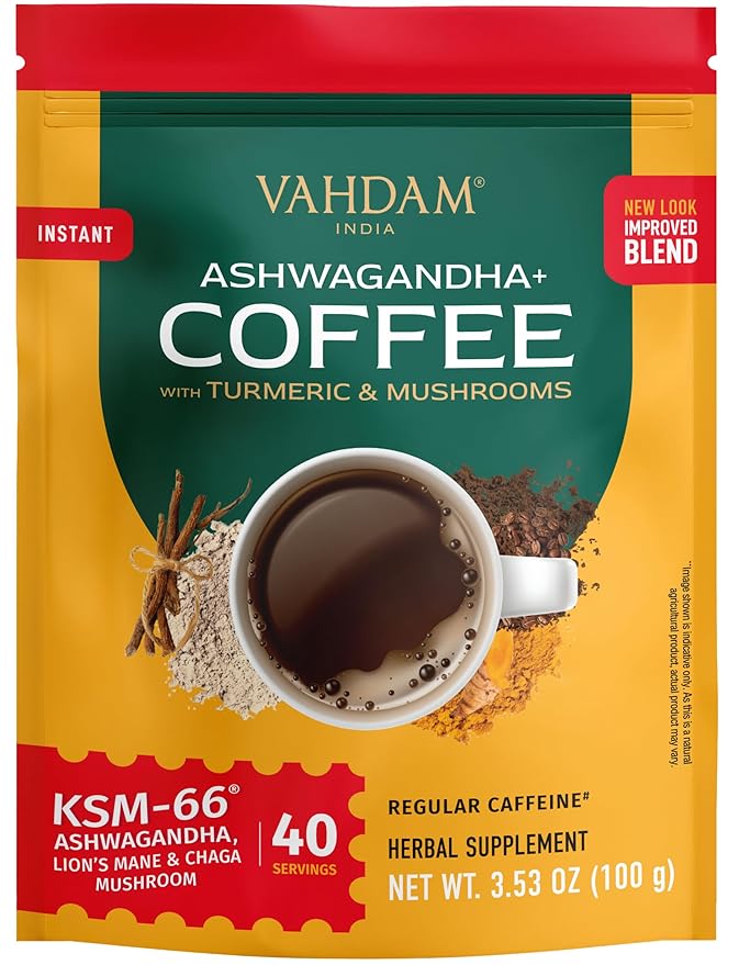 VAHDAM Ashwagandha Coffee with Turmeric, Lion?™s Mane & Chaga Mushroom | Clinically Proven KSM 66 Ashwagandha & Pure Arabica Coffee | Stress & Cortisol Support, Better Energy - 40 servings