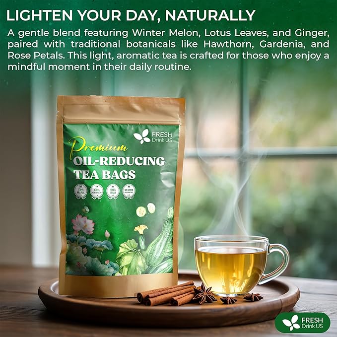 FreshDrinkUS, Oil-Reducing Herbal Tea ??40 Tea Bags | Blend of Winter Melon, Lotus Leaf, Ginger, Hawthorn, Gardenia Fruit, Rose, Cassia Seed & More | Naturally Caffeine-Free | Delicious Hot or Iced