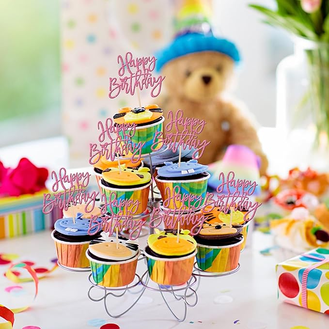 24 PCS Happy Birthday Cupcake Toppers Glitter Happy Birthday Cupcake Picks for Celebrating Happy Birthday Anniversary Theme Party Cake Decorations Supplies Pink