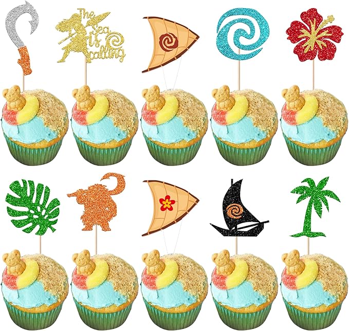30 Pack Moana Cupcake Toppers Glitter Palm Leaf Moana Cupcake Picks The Sea is Calling Hawaiian Tropical Cake Decorations for Luau Summer Baby Shower Birthday Party Supplies
