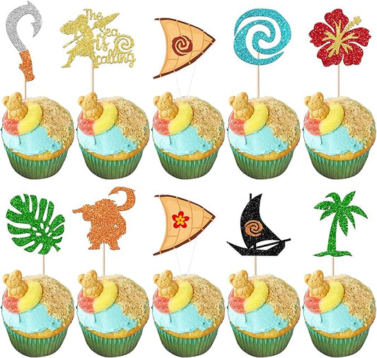 30 Pack Moana Cupcake Toppers Glitter Palm Leaf Moana Cupcake Picks The Sea is Calling Hawaiian Tropical Cake Decorations for Luau Summer Baby Shower Birthday Party Supplies