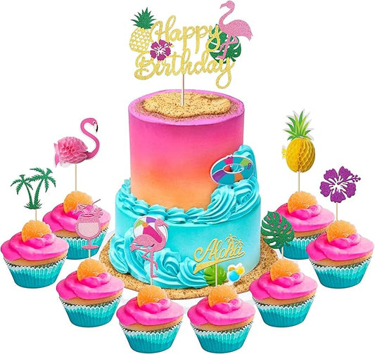 33 Pack Happy Birthday Cake Topper Tropical Luau Cake Pick Glitter Flamingo Plam Leave Pineapple Cupcake Decoration for Summer Baby Shower Birthday Party Supplies