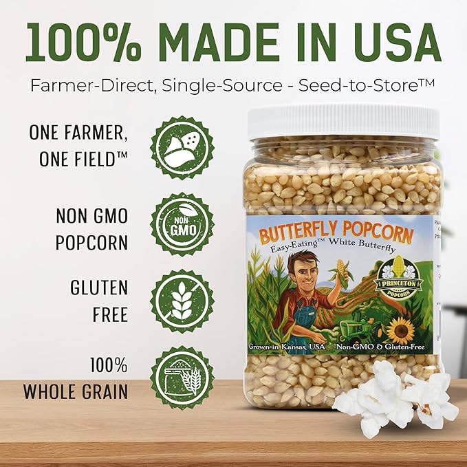 Princeton Popcorn Mushroom & Butterfly Hulless Popcorn Kernels - Half & Half Combo Duo, Easy-Eating, Farm Grown Popping Corn, Non-GMO Popcorn Kernels, No Hulls, Direct from Farmer, Microwave Air Popper or Stovetop 2-Pack 2lb Bag 64oz