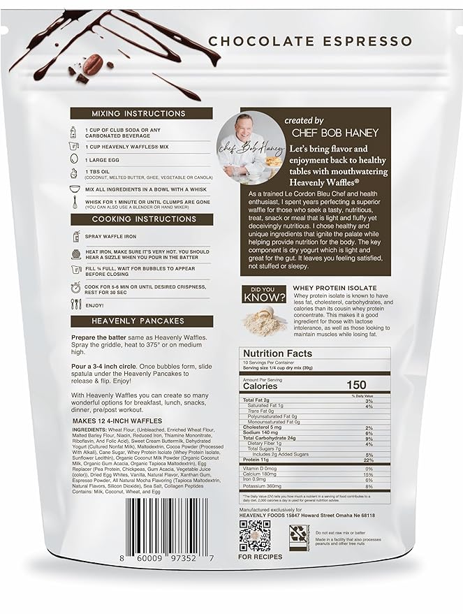 Heavenly Waffles짰 Mix, Chocolate Espresso, 11g Protein, Yogurt Based, Healthy and Nutritiously Balanced, Superior Tasting Waffles and Pancakes, 13.5 oz Pouch