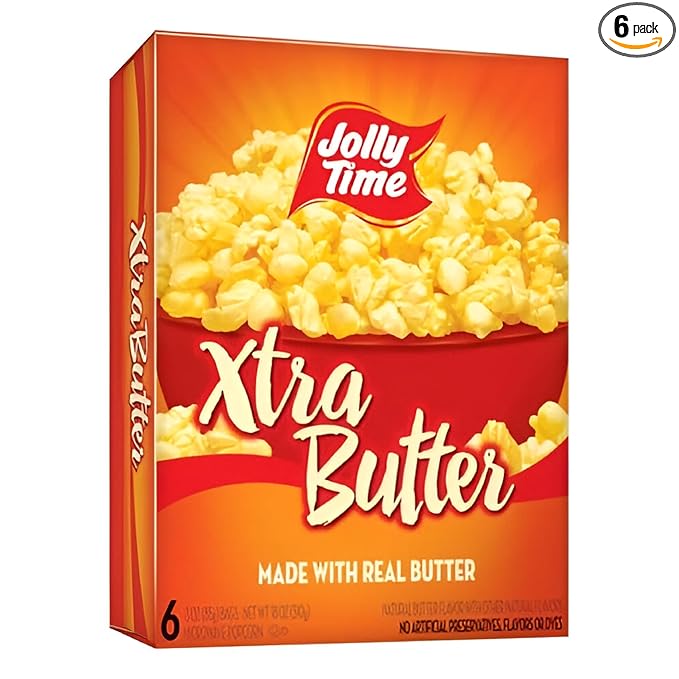 Jolly Time Xtra Butter, Ultimate Movie Theater Butter Microwave Popcorn, 3oz Sharing Bag, 6 Bags Per Carton (Xtra Butter, 3 Ounce (Carton of 6))