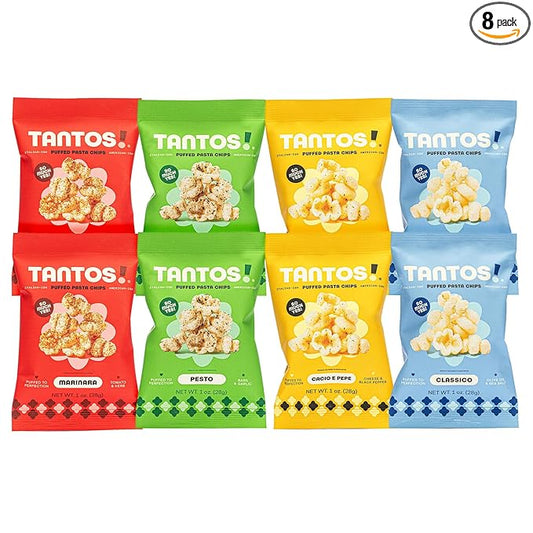 Tantos! Puffed Pasta Chips ??Healthy Pasta Snack by Top Chef Joe Sasto ??Plant-Based, Low Calorie, Crunchy Chips ??Variety Pack ??Marinara, Pesto, Cacio e Pepe, Classico ??Gourmet Bold Flavors ??(1oz-8 Pack (2 of Each Flavor), Variety)