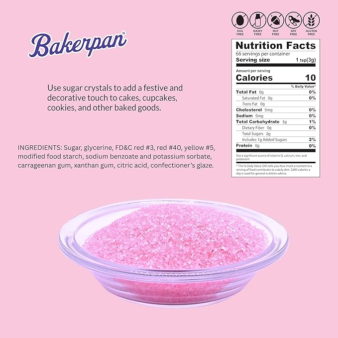 Bakerpan Sugar Sprinkles for Baking - 7 Ounce Pastel Pink Decorating Sugar Crystals for Cookies, Cake Pops, Ice Cream (Made in USA)
