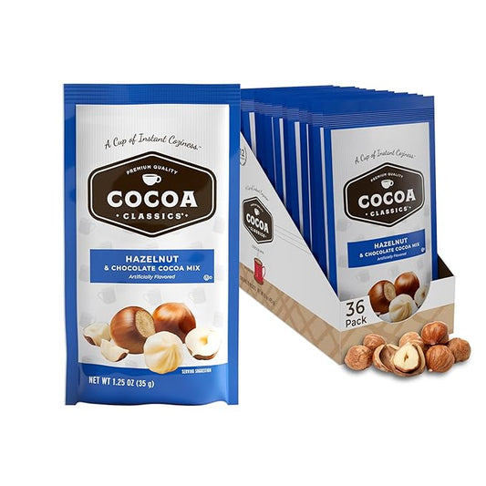 Cocoa Classics Hazelnut Cocoa Mix, Hot Chocolate, Made with Nonfat Milk, Just Add Hot Water, Make Hot or Iced Cocoa, Gluten Free & Kosher Dairy Friendly, 1.25oz Packets (Pack of 36)