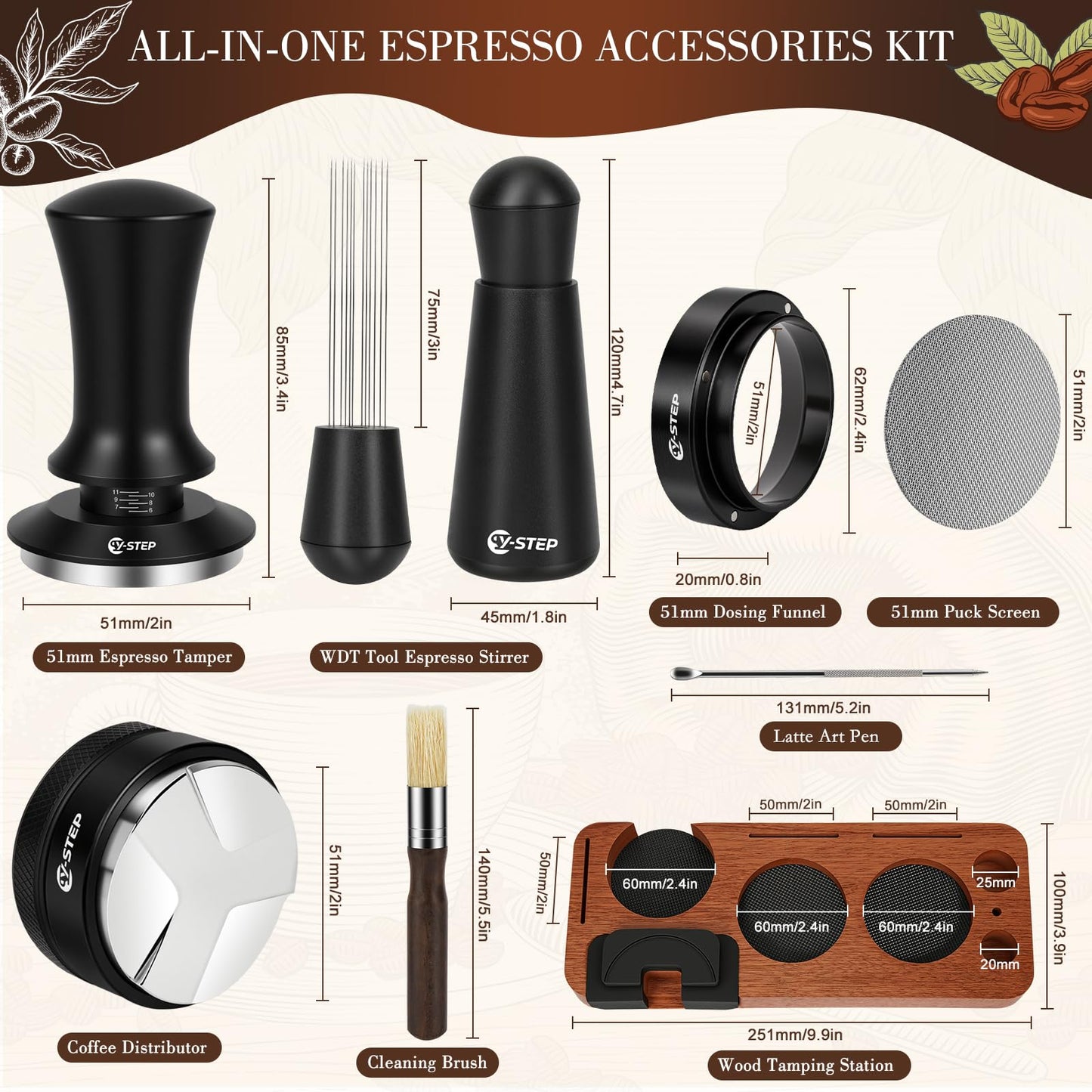 Y-Step 8 Pcs Espresso Accessories Kit, 51mm Espresso Tamper Kit Espresso Tools Barista Kit &