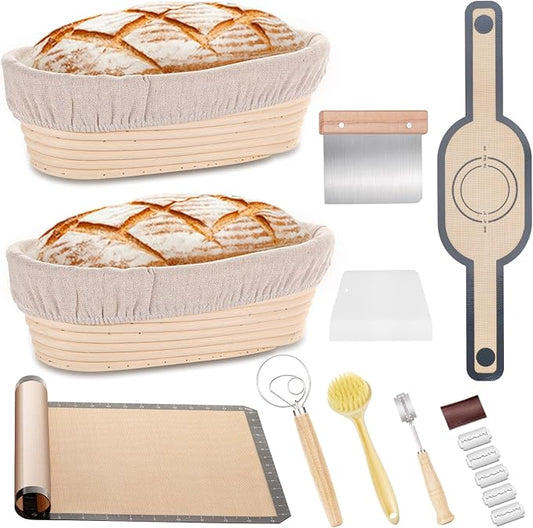 Bread Proofing Basket Set of 2, 10 Inch Oval Bread Proofing Basket Set, Sourdough proofing basket, Starter Kit, Inlude Dough Whish, Cleaning Brush, Perfect Baker's Gift Set
