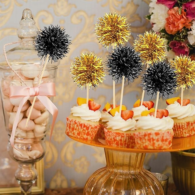 MEMOVAN Foil Firework Cupcake Toppers 100PCS Sparkle Tinsel Cake Toppers Tinsel Drink Stirrer Gold Black Cake Cupcake Decoration Cocktail Picks for Birthday Wedding Graduation Party Supplies