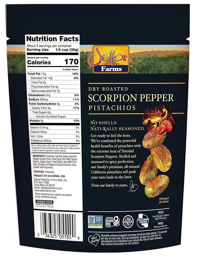 Setton Farms Pistachios, Scorpion Pepper Extreme Flavor, Naturally Seasoned, Dry Roasted No Shell, Non-GMO Project Verified, Gluten Free, Vegan, Kosher, 5 Oz