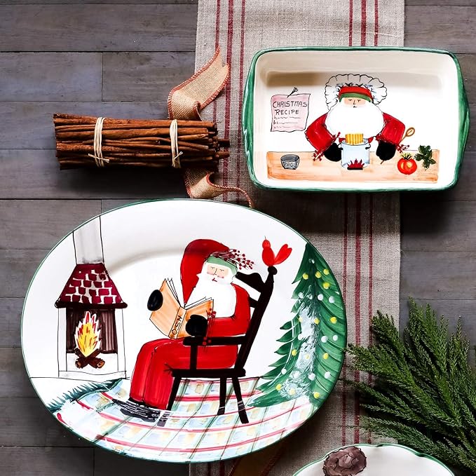 Vietri Old St. Nick Rectangular Baker with Chef, 14"L Christmas Oven Baking Dish Earthenware Bake/Serve Pan, Multi-Color