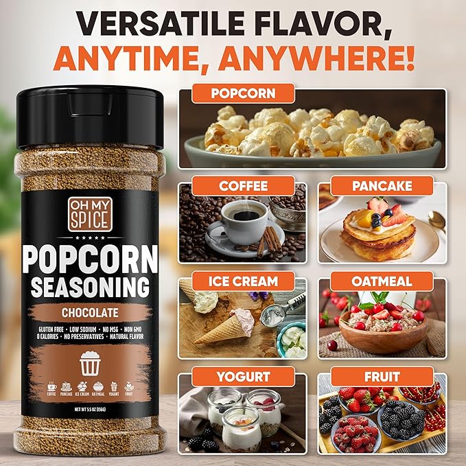Popcorn Seasoning Chocolate Powder Mix - Gluten Free & Low Sodium Cocoa Powder Blend Popcorn Flavoring Seasoning. Healthy Movie Night Theater Pop Corn Toppings. Sweet Pop Corn Salt Seasonings. 5.5oz