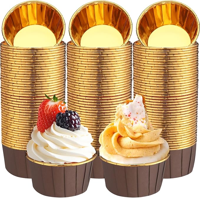 300 Pack Brown Gold Cupcake Cups Bulk Disposable Foil Muffin Liners 3.5 oz Wrappers for Baking Aluminum Paper Mini Metallic Disposable Holiday Party Wedding Festival Supply