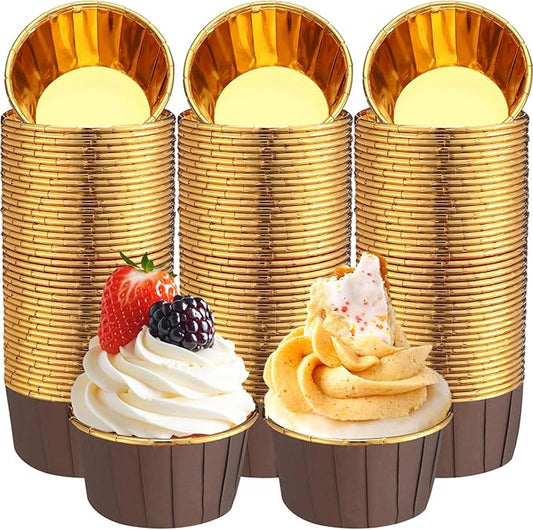 300 Pack Brown Gold Cupcake Cups Bulk Disposable Foil Muffin Liners 3.5 oz Wrappers for Baking Aluminum Paper Mini Metallic Disposable Holiday Party Wedding Festival Supply