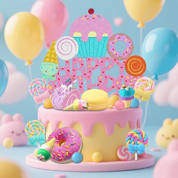 25 PCS Donut Cake Topper Candy Cupcake Toppers Candy Birthday Themed Party Supplies Ice Cream Cupcake Toppers