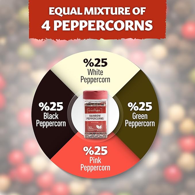 Eastanbul Rainbow Peppercorns for Grinder Refill, 4.9oz, Peppercorns Whole Rainbow White, Green, Pink, Black Pepper for Grinder Refills, Medley, Mixed, Assorted Pepper, Natural, Vegan, Non-GMO