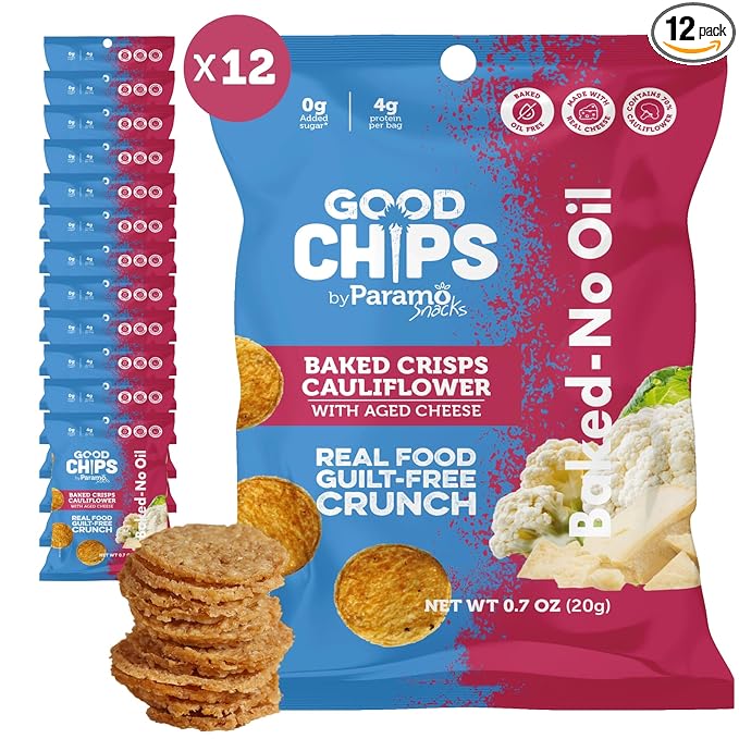 Good Chips Cauliflower Aged Cheese - Baked, No Oil - High Protein, Guilt Free Healthy Snacks - 0.7 oz, Pack of 12