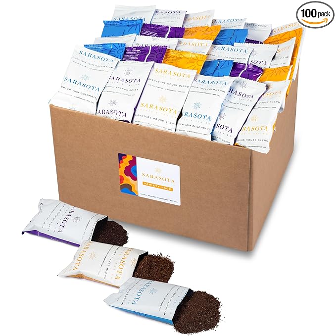 Sarasota Coffee Packs Bulk Ground Packets | Medium, Colombian, & Dark Roast Variety | Gourmet Assorted Sampler | Low Acid Mold Free Individual Pouches for 12 Cup Coffee Maker | 1.75 Oz Bags, 100 Count