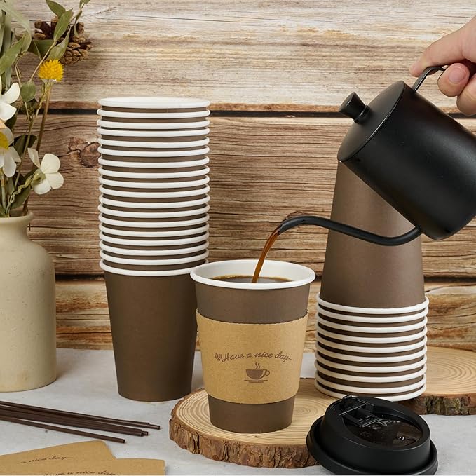 LITOPAK 100 Pack 12 oz Paper Coffee Cups with Lids, Sleeves, and Stirring Sticks for Coffee, Water, or Juice, Browm 10 Ounce Disposable Hot Paper Cups for Cafes, schools, offices, shops