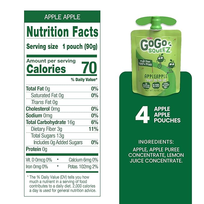 GoGo squeeZ Applesauce and Fruit Puree, Apple Apple, 3.2 oz (Pack of 4), Unsweetened Fruit Snacks for Kids, Gluten Free, Nut Free and Dairy Free, Recloseable Cap, BPA Free Pouches