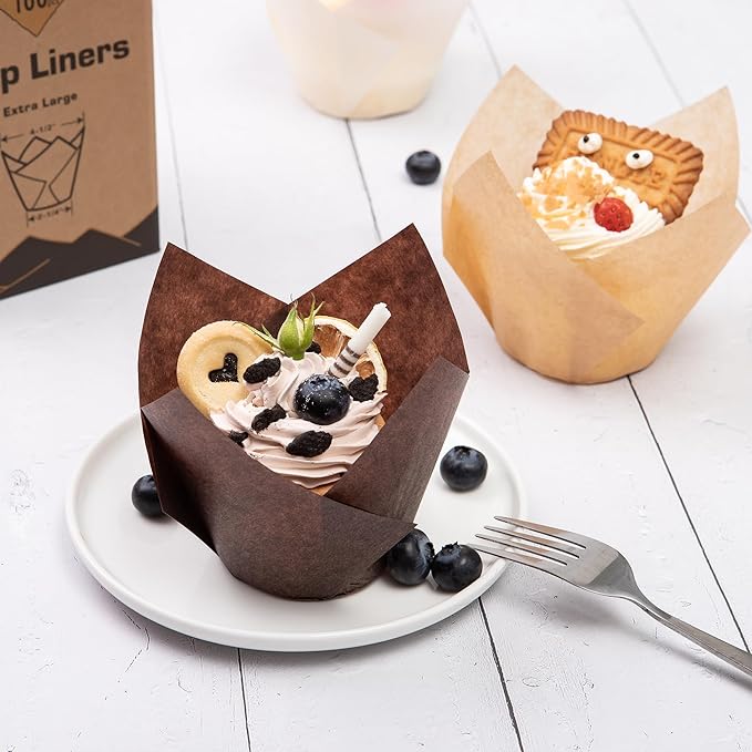 Nordic Paper100pcs Large Size Brown Tulip Cupcake Liners for Baking Cups EU Parchment paper Tulip Muffin Liners, Cupcake Wrapper for Party, Christmas