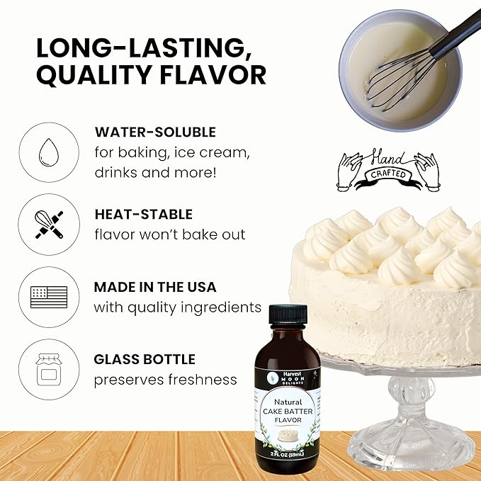 Natural Cake Batter Extract - 2 oz - Water-Soluble - By Harvest Moon Delights - Cake Batter Extract for Baking, Ice Cream, Drinks, and Candy - Flavoring, Sugar Free
