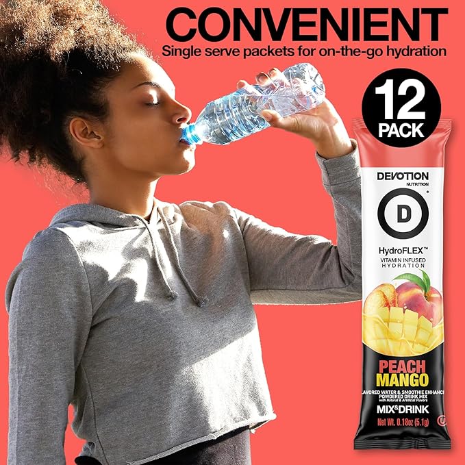 Devotion Nutrition HydroFLEX Water Flavoring Packets ??Sugar-Free Hydration with Vitamins & Electrolytes ??Dye-Free, Gluten-Free (Peach Mango) 12-Pack Drink Mix