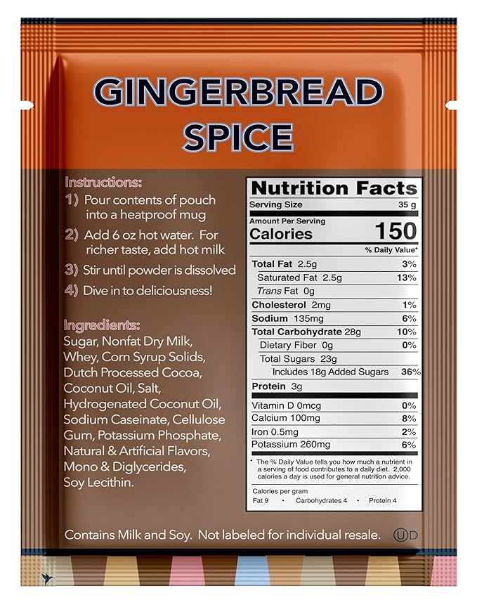 Double Donut Gingerbread Spice Hot Chocolate Mix Packets, Flavored Gingerbread Hot Cocoa Mix, 32 Count