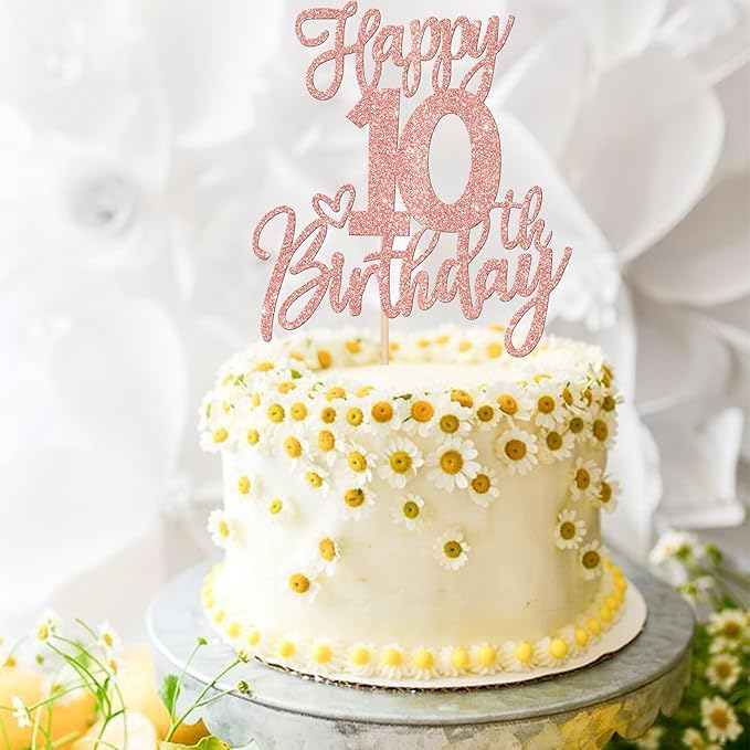 1 PCS Happy 10th Birthday Cake Topper Glitter Cheers to 10 Years Birthday Cake Pick Ten 10 Fabulous Cake Decoration for Happy 10th Birthday Anniversary Theme Party Decorations Supplies Rose Gold