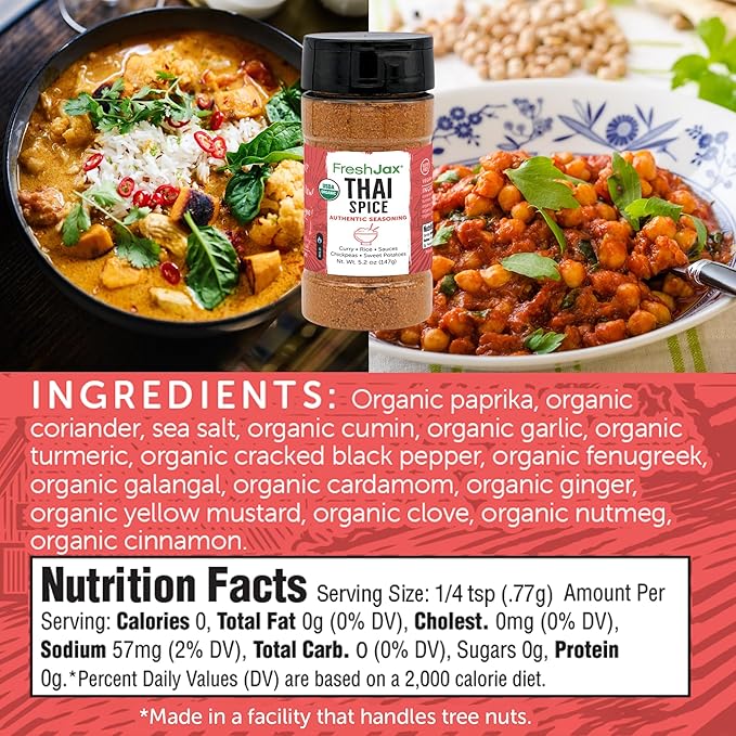 FreshJax Organic Thai Spice Powder ??5.2?¯oz Plant?‘Based Seasoning Blend, Non?‘GMO, Gluten?‘Free, Keto, Paleo, Kosher?”No Preservatives?”Flavorful Thai Curry & Stir?‘Fry Seasoning