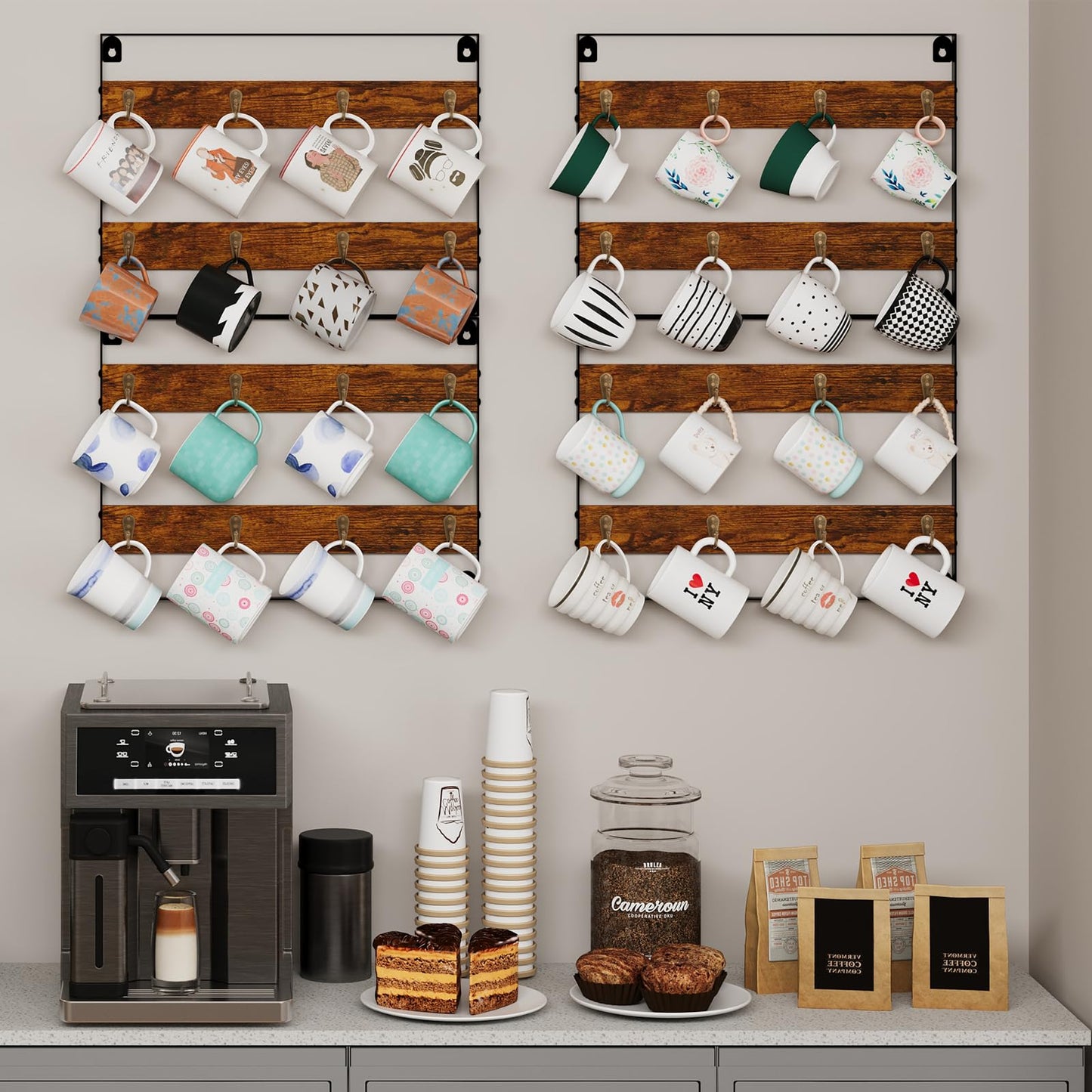 Huxitocan Wall Mount Coffee Mug Holder - Rustic Wood and Iron, Holds Up to 24 Mugs (3Pack) for