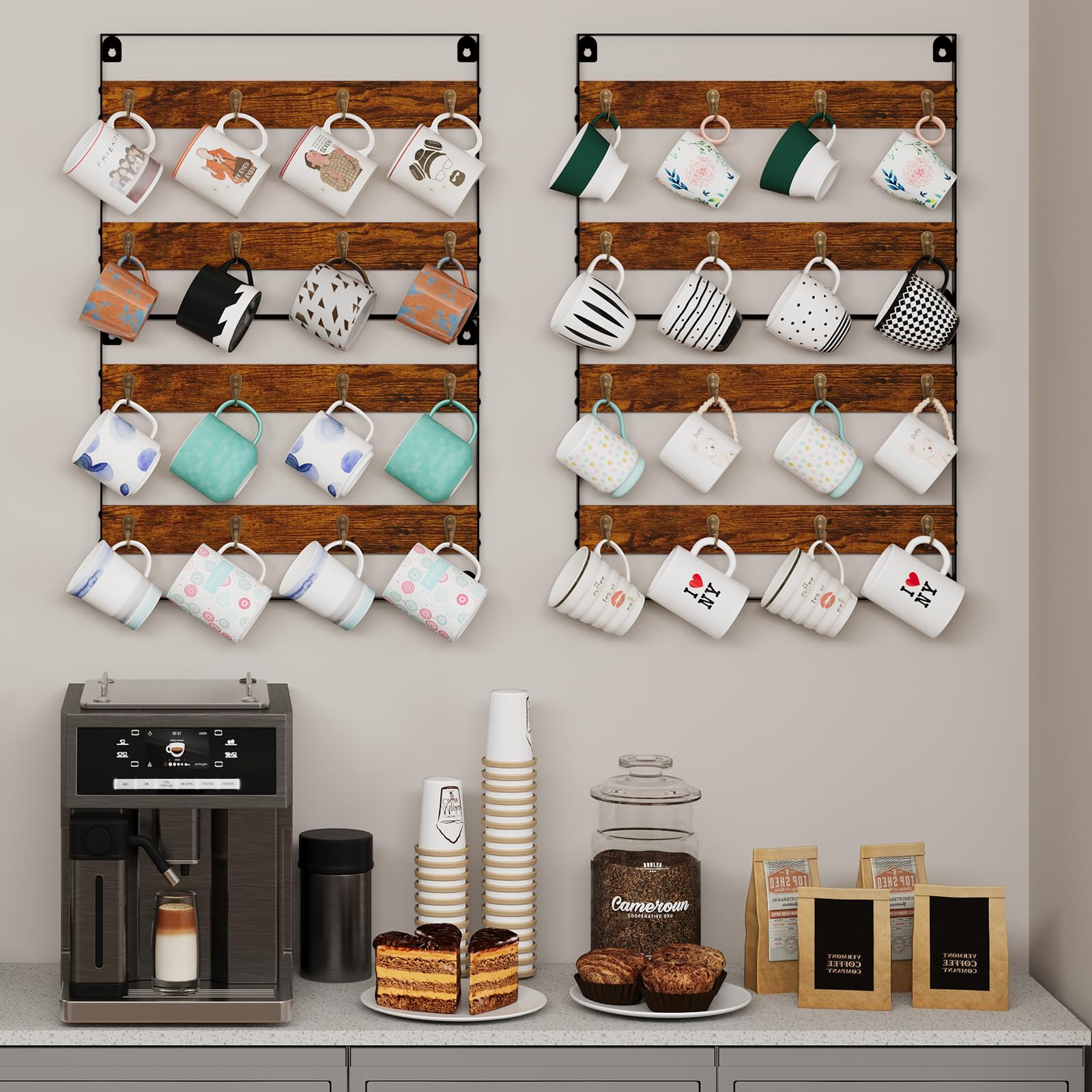 Huxitocan Wall Mount Coffee Mug Holder - Rustic Wood and Iron, Holds Up to 24 Mugs (3Pack) for