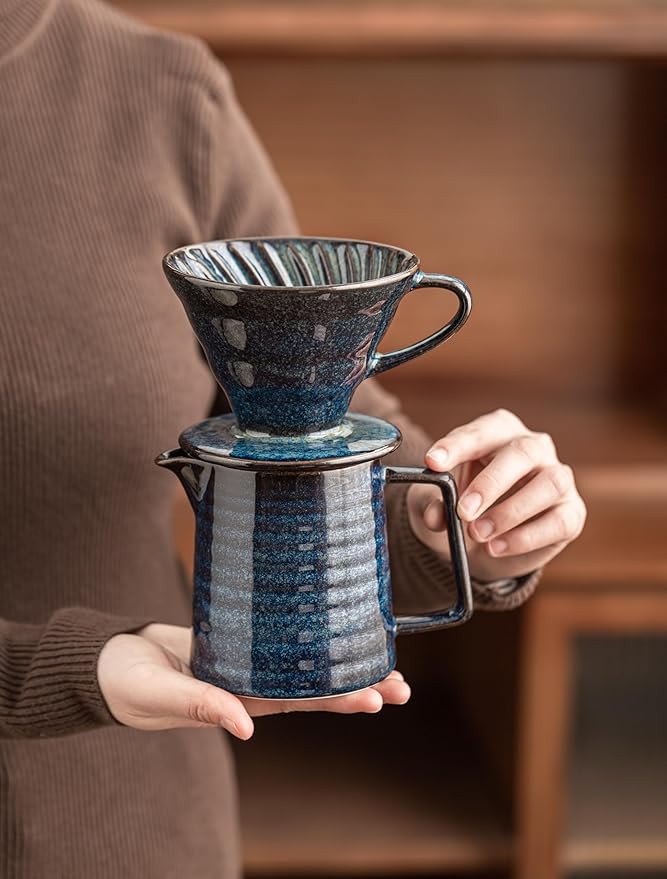 Pour Over Coffee Maker,Ceramic Coffee Maker With 40 pcs V60 Paper Filter竊?5oz/450ml Pour Over Coffee Dripper (Starry Blue, V02)