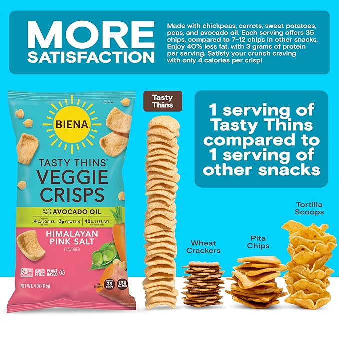BIENA Tasty Thins Veggie Crisps - Made with Avocado Oil - Low Calorie Veggie Chips for Adults and Kids - 4-Pack, 4 Ounce Bags - Himalayan Pink Salt