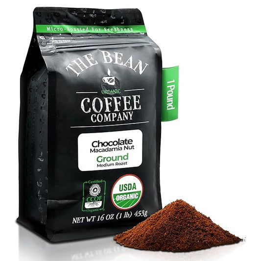 The Bean Organic Coffee Company Chocolate Macadamia Nut, Medium Roast, Ground Coffee, 16-Ounce Bag, Café molido tostado orgánico