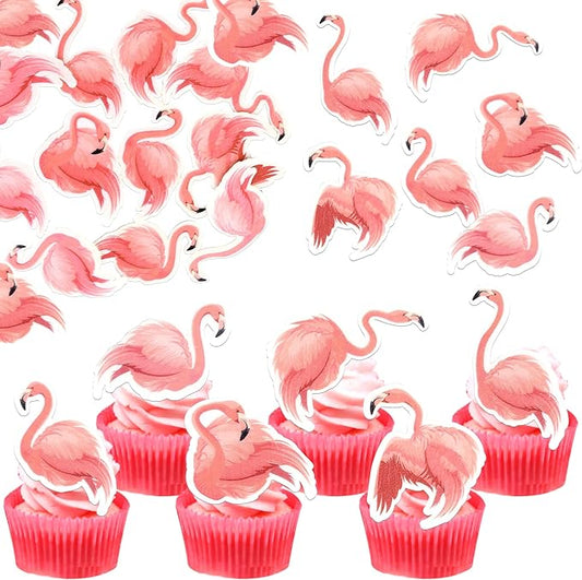 60 Pack Edible Flamingo Cupcake Toppers Wafer Paper Tropical Aloha Luau Cupcake Picks Holiday Flamingo Summer Hawaiian Beach Cake Decorations for Summer Theme Baby Shower Birthday Party