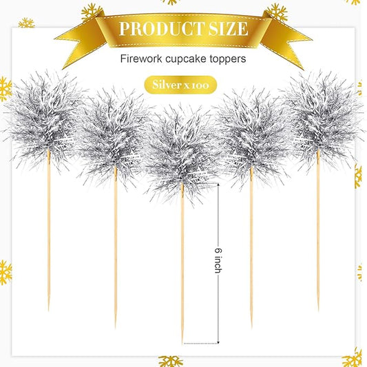 Chinco 100 Pcs Foil Firework Cupcake Toppers Sparkle Tinsel Cake Toppers Cake Decoration Cocktail Fruit Toothpick for Birthday Wedding Graduation Party(Silver)